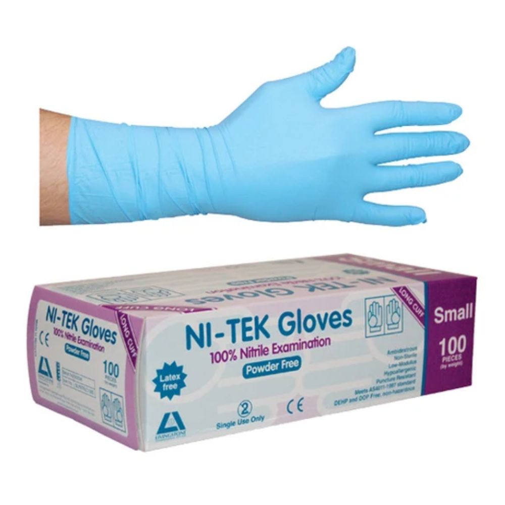 Ni-Tek Nitrile Gloves, Long Cuff 300mm, AS/NZ, Powder Free, Blue - All Sizes